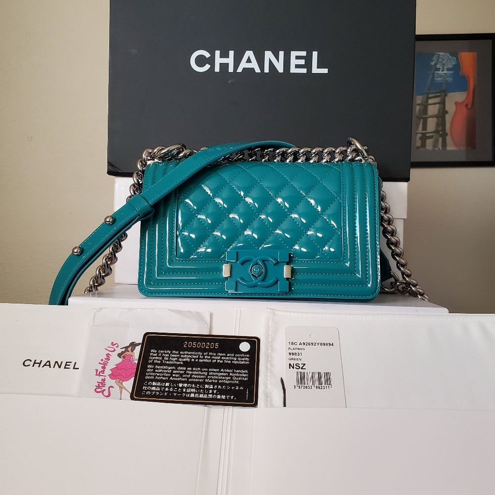 Chanel boy teal patent silver hw small bag